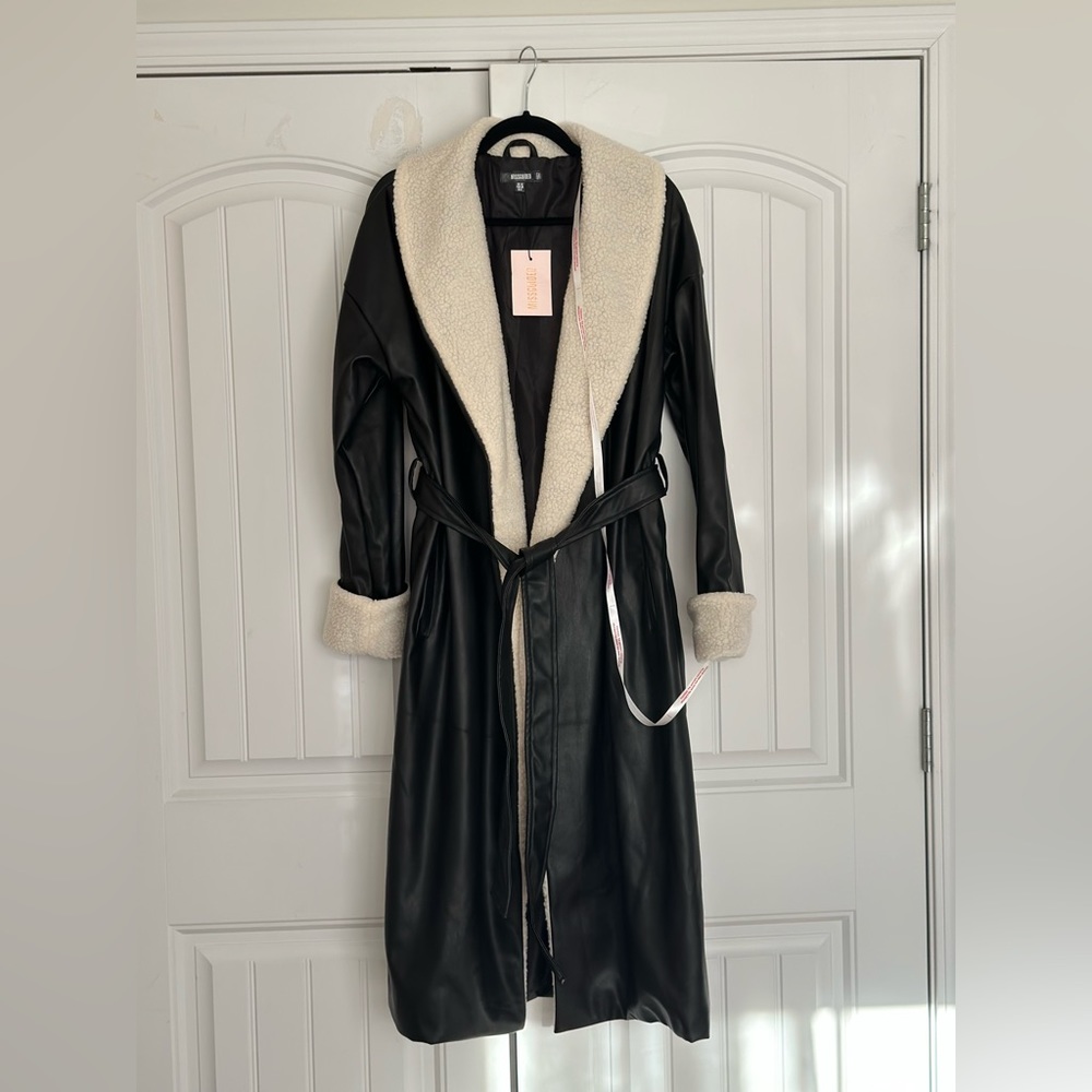 Black faux leather belted trench partial shearling